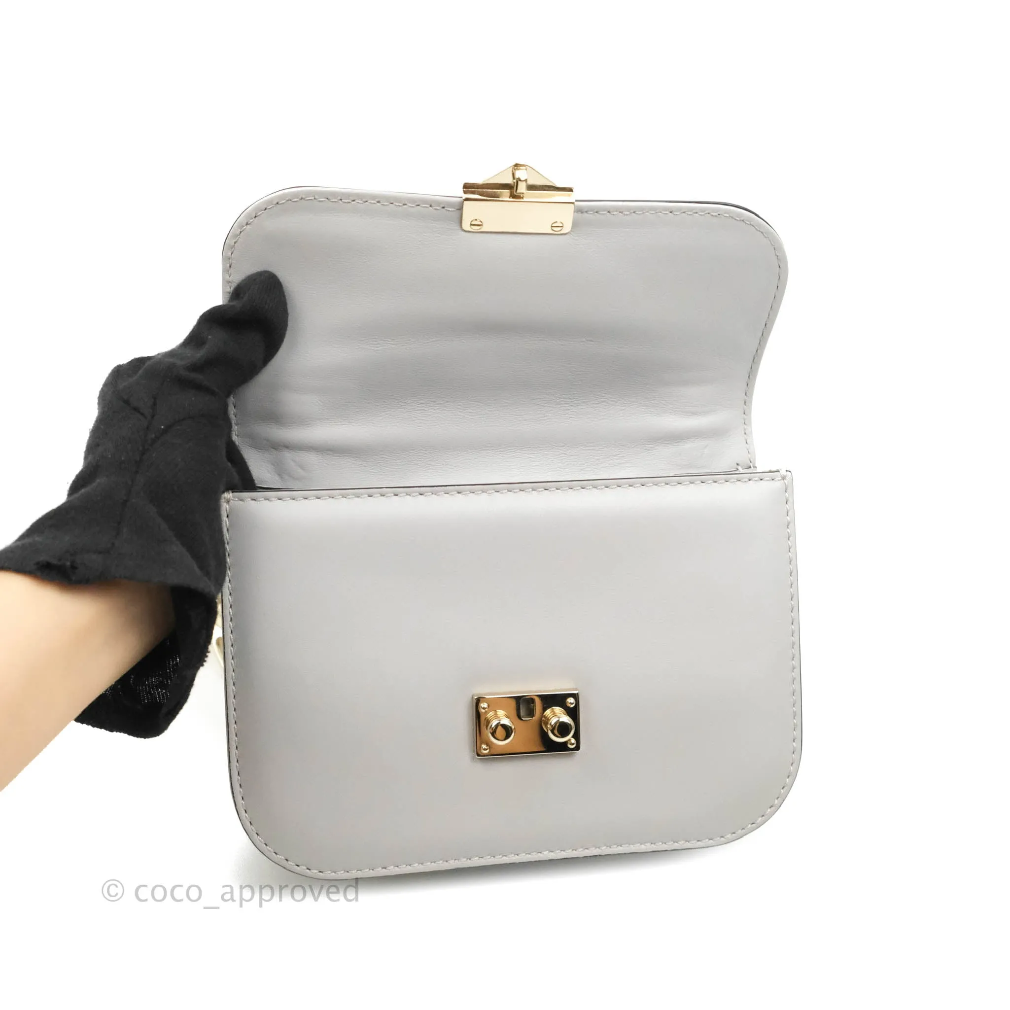 Valentino Vitello Small Glam Lock Rockstud Flap Grey